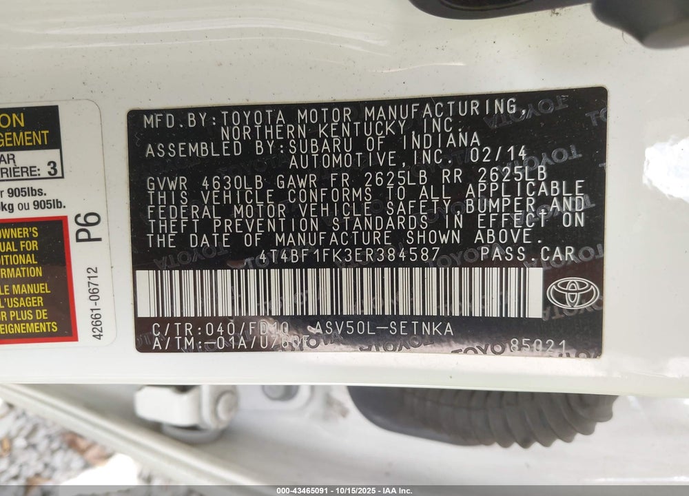 2014 TOYOTA CAMRY VIN: 4T4BF1FK3ER384587