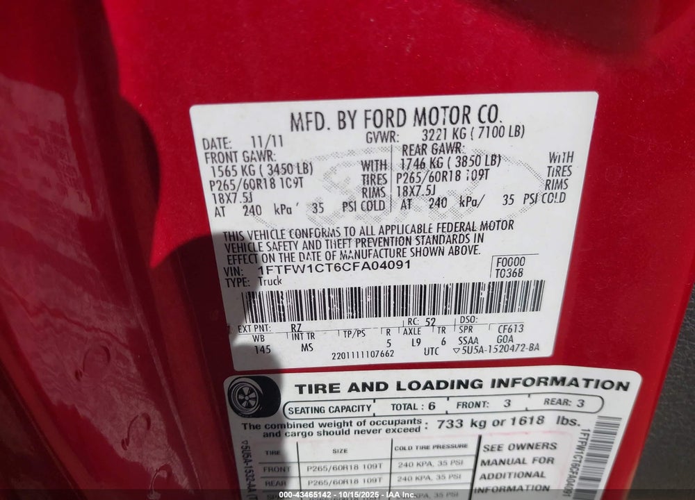 2012 FORD F-150 XLT VIN: 1FTFW1CT6CFA04091