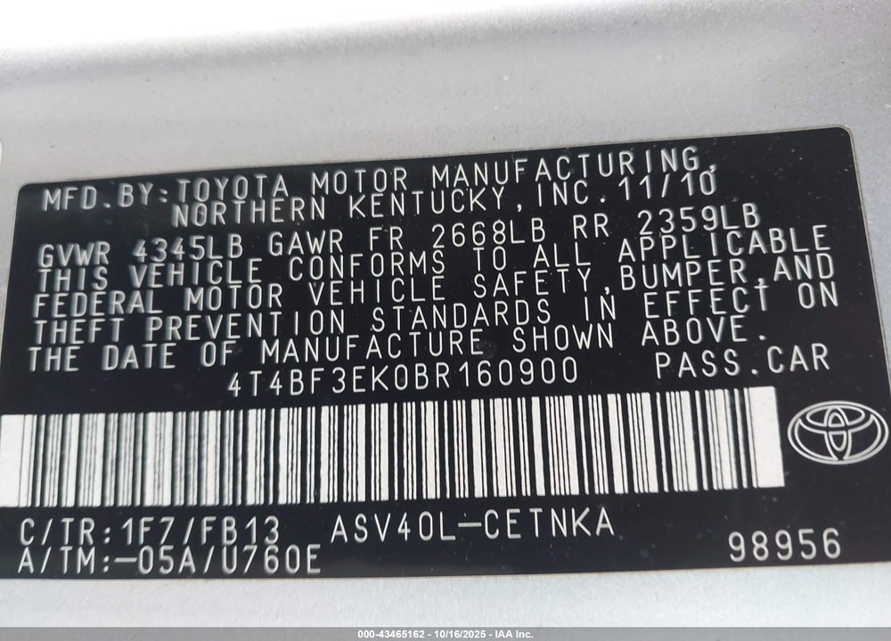 2011 TOYOTA CAMRY LE VIN: 4T4BF3EK0BR160900