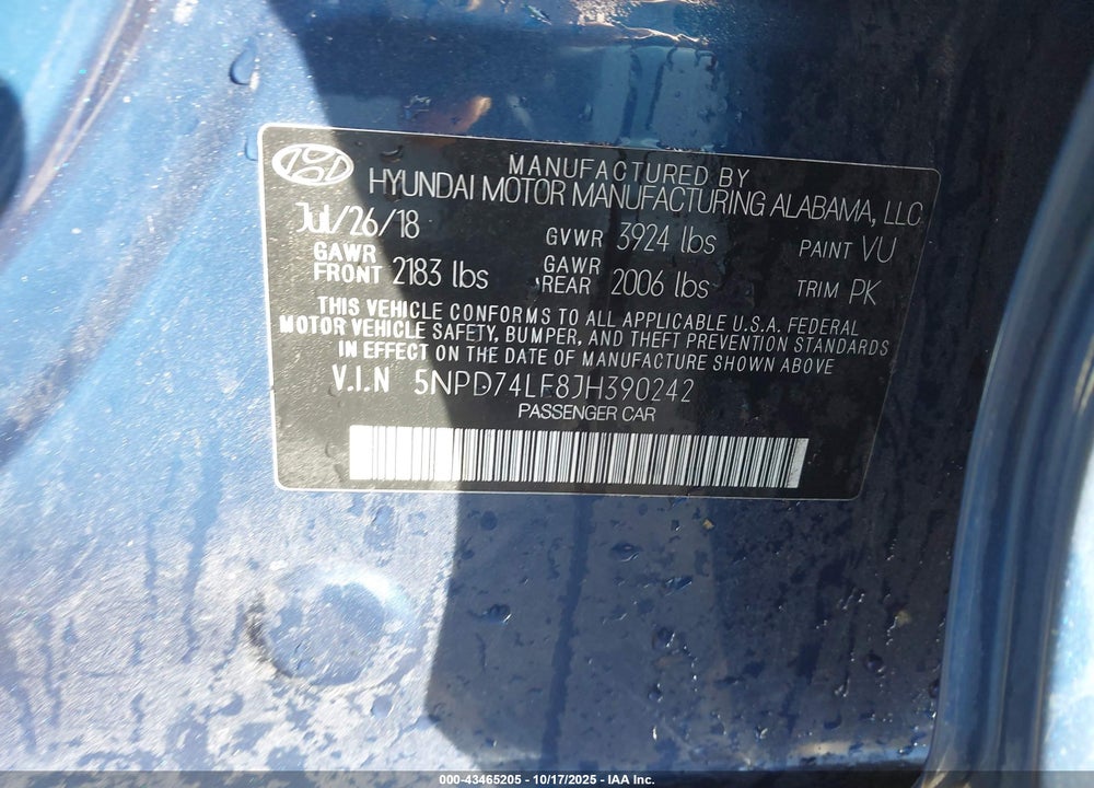 2018 HYUNDAI ELANTRA SE VIN: 5NPD74LF8JH390242