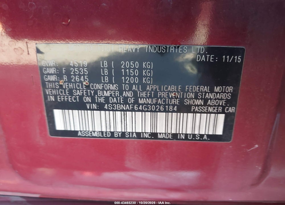 2016 SUBARU LEGACY 2.5I PREMIUM VIN: 4S3BNAF64G3026184