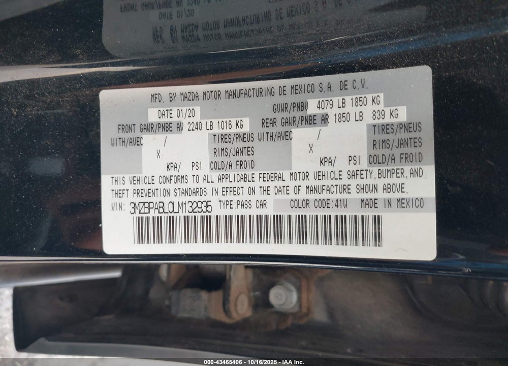 2020 MAZDA MAZDA3 VIN: 3MZBPABL0LM132935