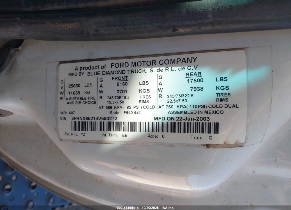 2004 FORD F650 SUPER DUTY VIN: 3FRNX65214V590272