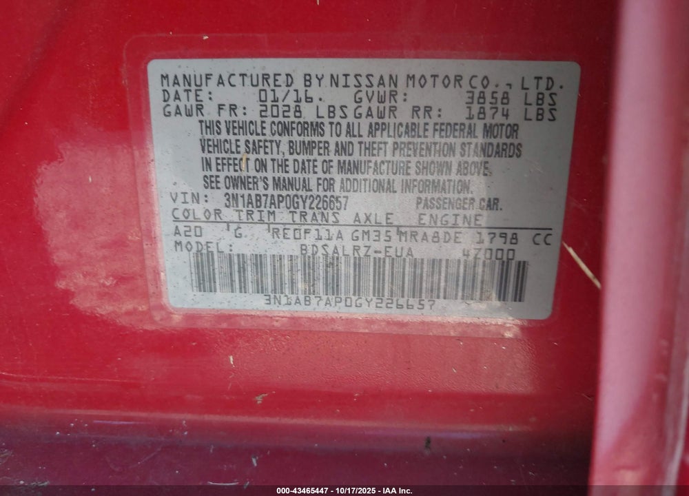 2016 NISSAN SENTRA SR VIN: 3N1AB7AP0GY226657