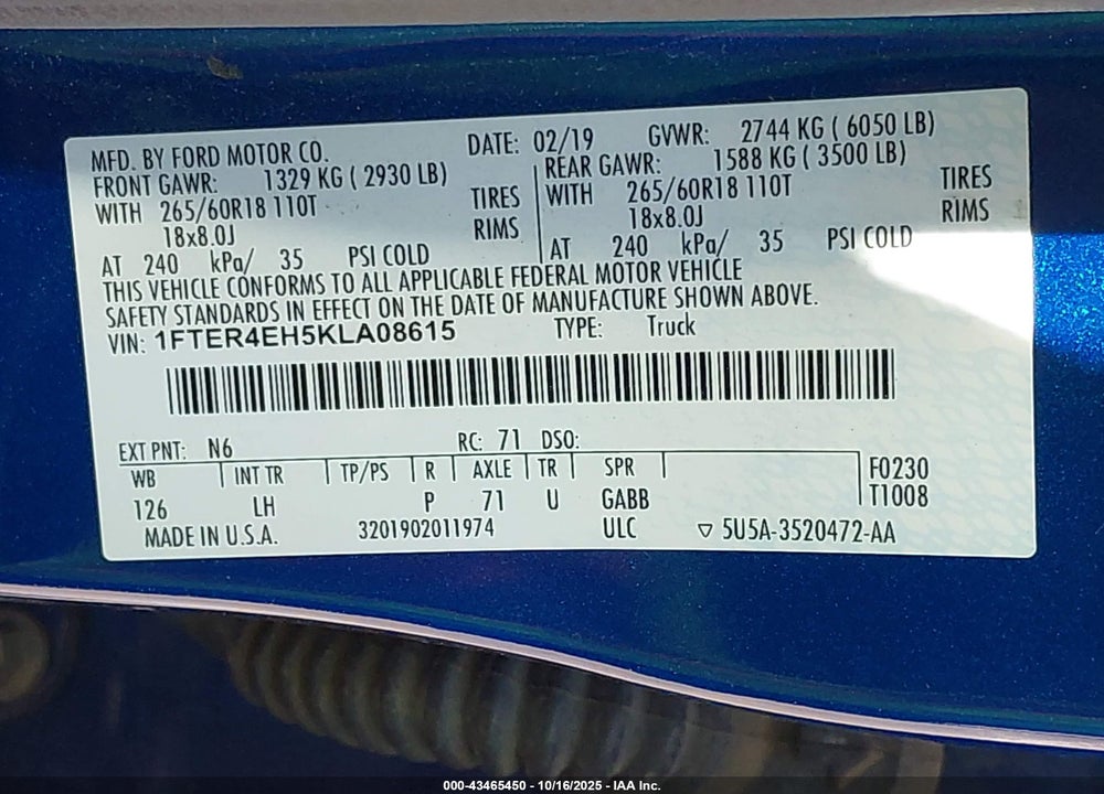 2019 FORD RANGER VIN: 1FTER4EH5KLA08615