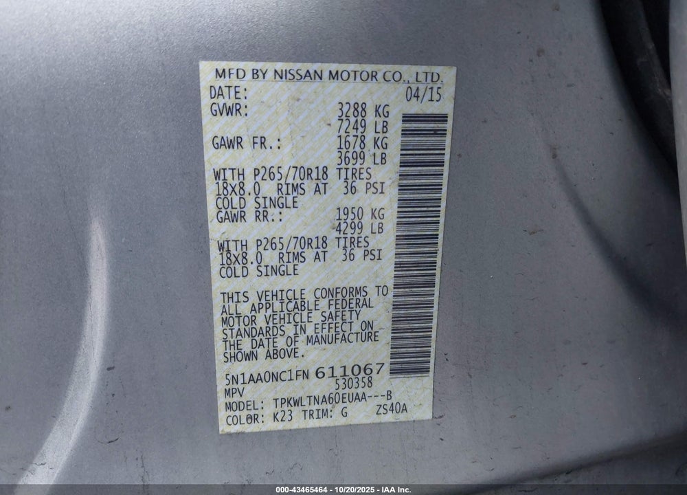 2015 NISSAN ARMADA PLATINUM/SL/SV VIN: 5N1AA0NC1FN611067