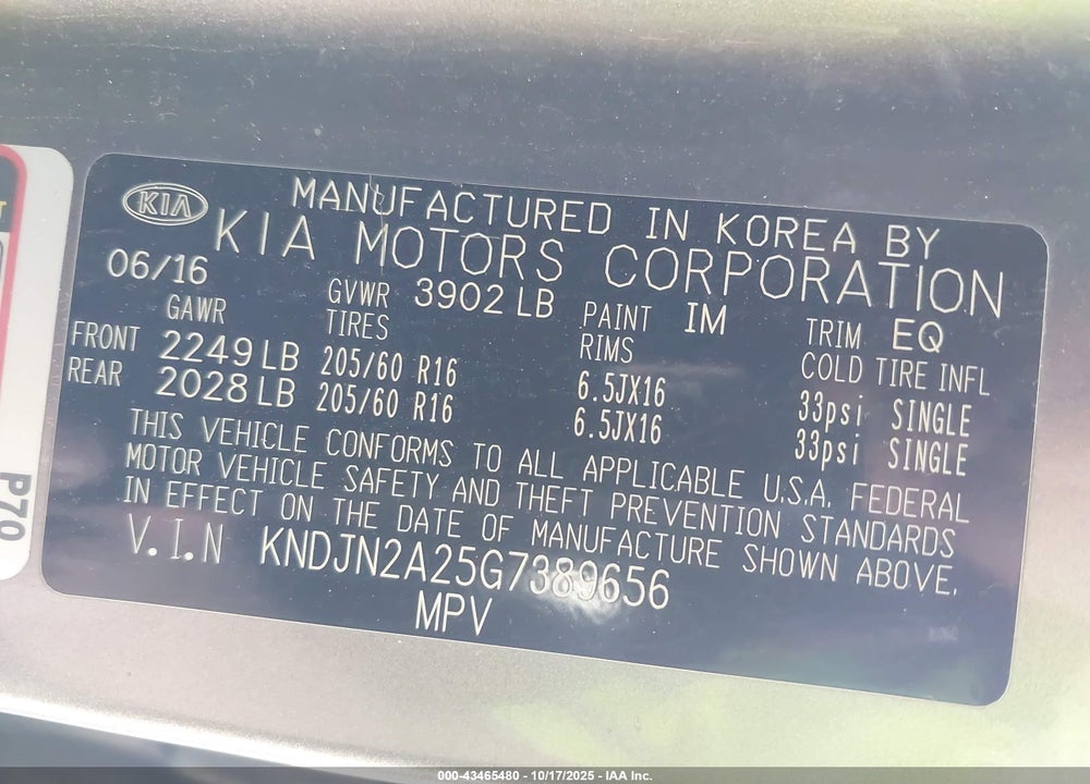 2016 KIA SOUL VIN: KNDJN2A25G7389656