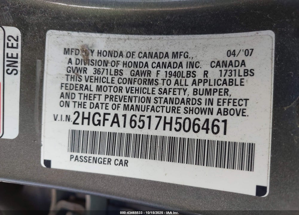 2007 HONDA CIVIC VIN: 2HGFA16517H506461