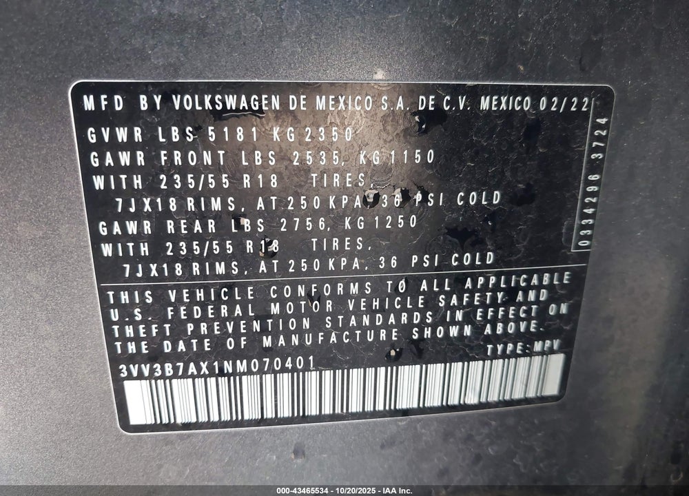 2022 VOLKSWAGEN TIGUAN VIN: 3VV3B7AX1NM070401