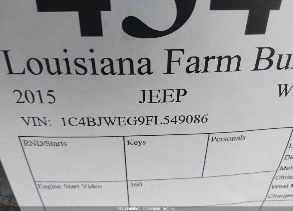 2015 JEEP WRANGLER UNLIMITED VIN: 1C4BJWEG9FL549086
