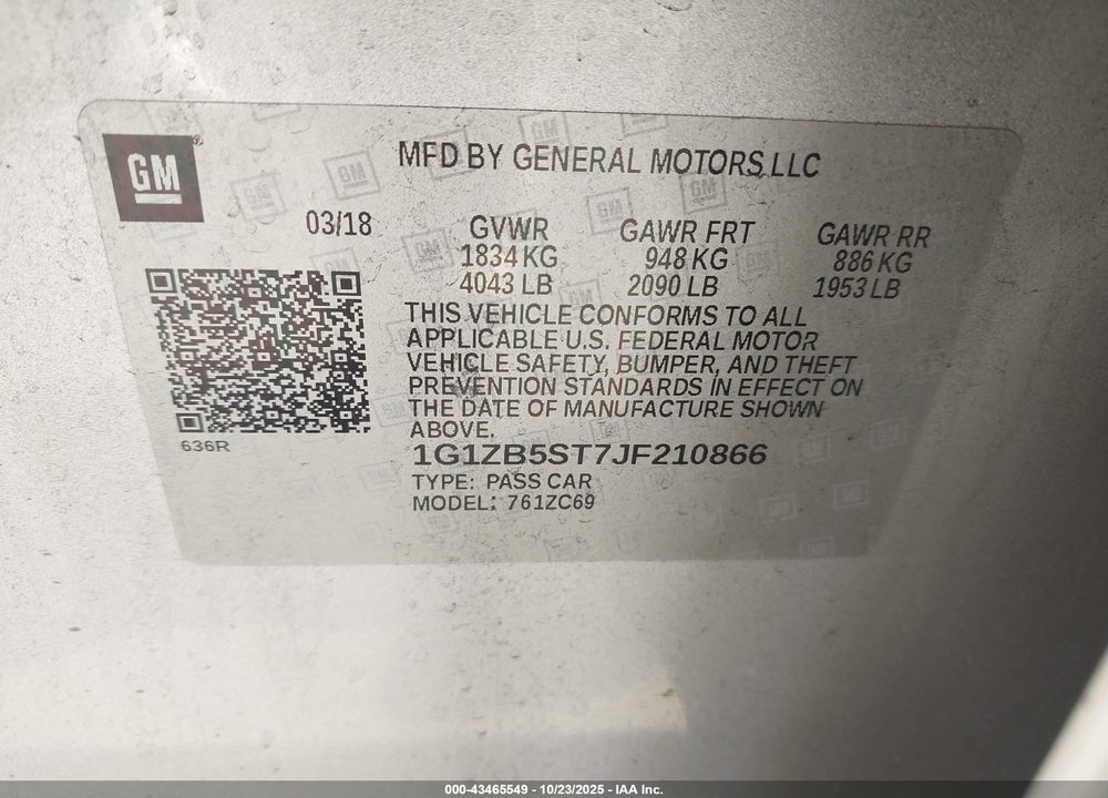 2018 CHEVROLET MALIBU 1LS VIN: 1G1ZB5ST7JF210866