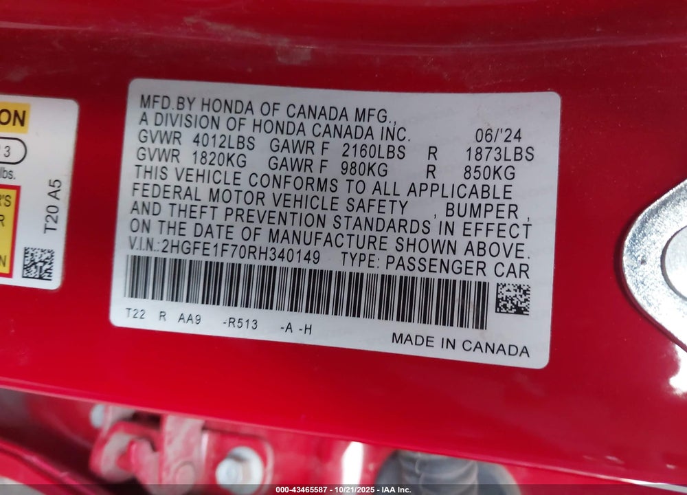 2024 HONDA CIVIC VIN: 2HGFE1F70RH340149