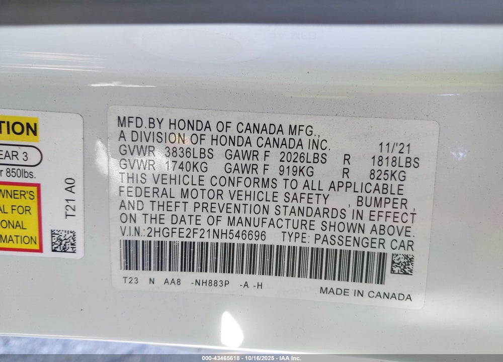 2022 HONDA CIVIC LX VIN: 2HGFE2F21NH546696