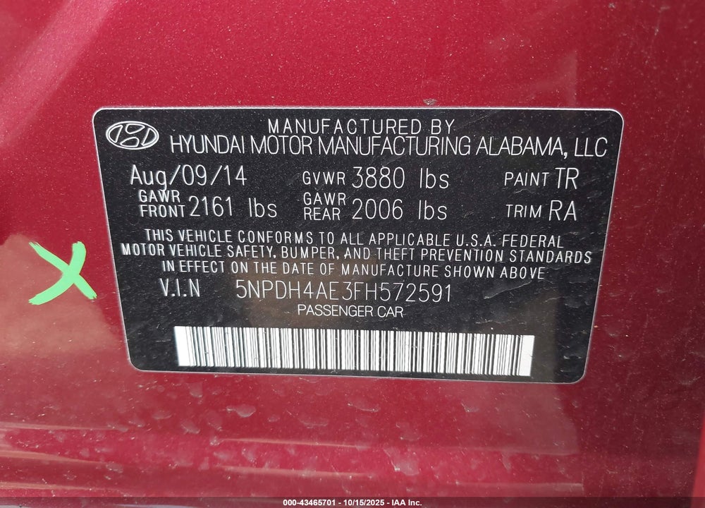 2015 HYUNDAI ELANTRA SE VIN: 5NPDH4AE3FH572591