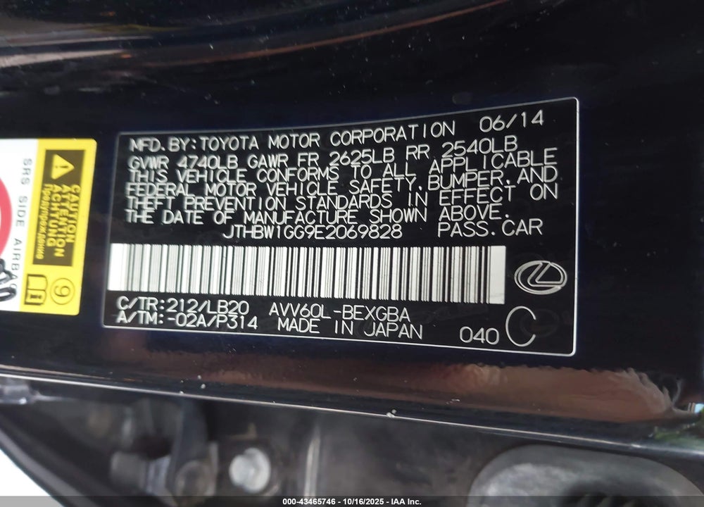 2014 LEXUS ES 300H VIN: JTHBW1GG9E2069828