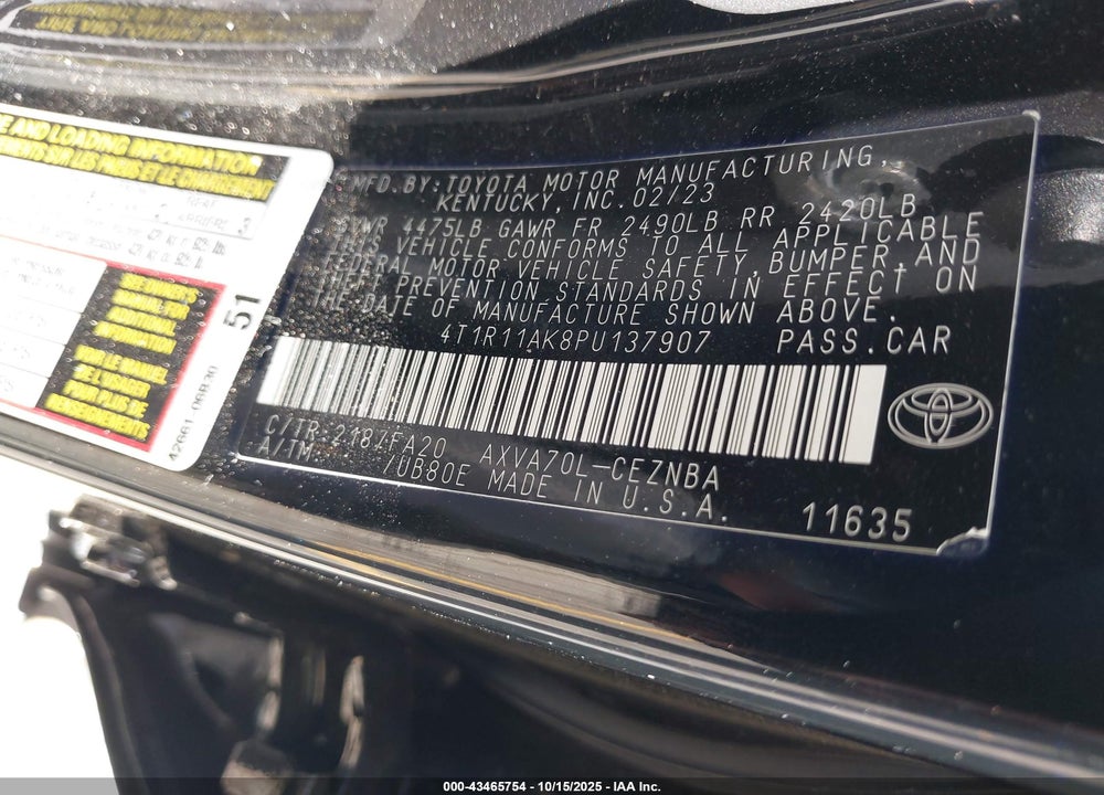 2023 TOYOTA CAMRY VIN: 4T1R11AK8PU137907