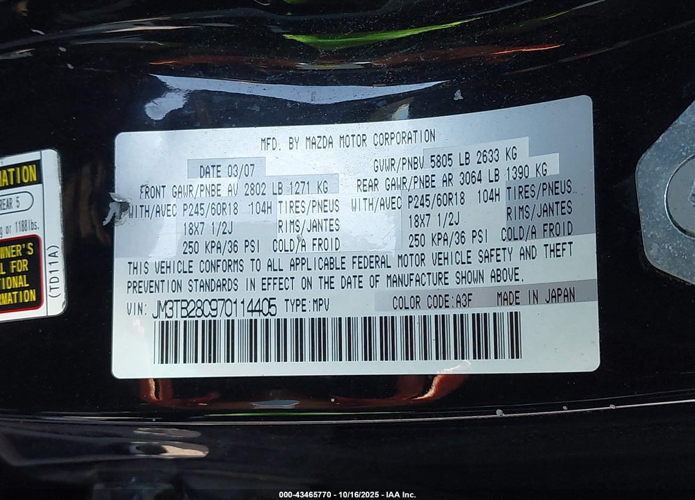 2007 MAZDA CX-9 TOURING VIN: JM3TB28C970114405