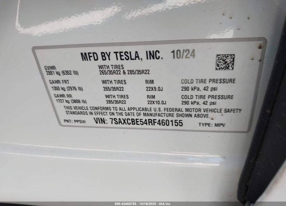 2024 TESLA MODEL X LONG RANGE VIN: 7SAXCBE54RF460155