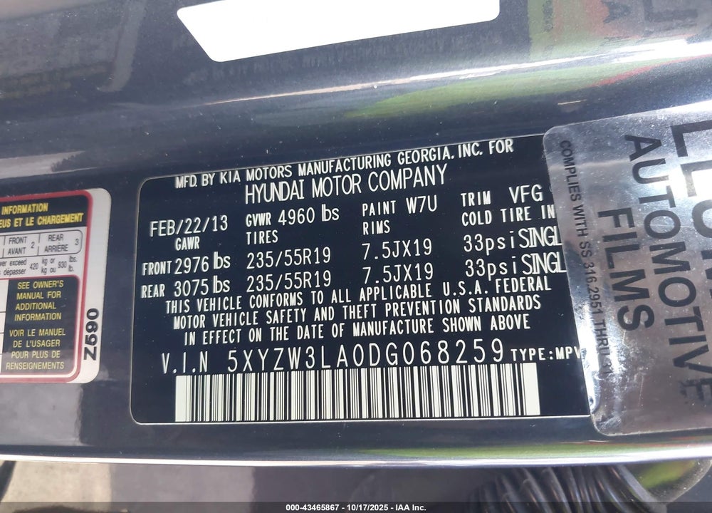 2013 HYUNDAI SANTA FE VIN: 5XYZW3LA0DG068259