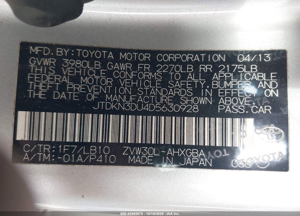 2013 TOYOTA PRIUS VIN: JTDKN3DU4D5630928