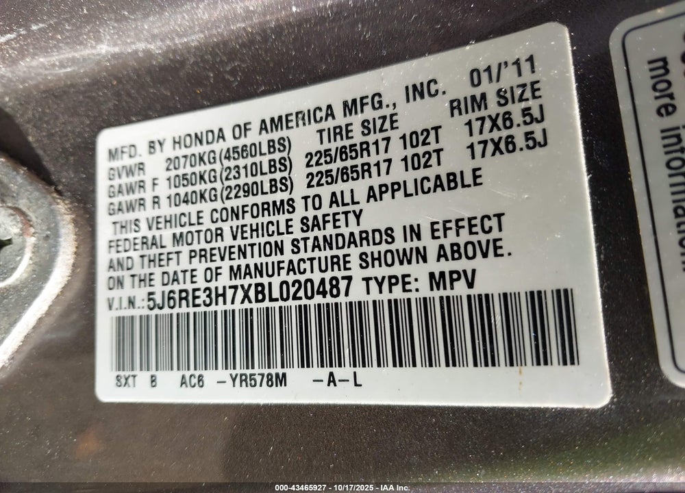 2011 HONDA CR-V EX-L VIN: 5J6RE3H7XBL020487