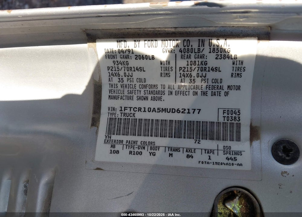 1991 FORD RANGER VIN: 1FTCR10A5MUD62177