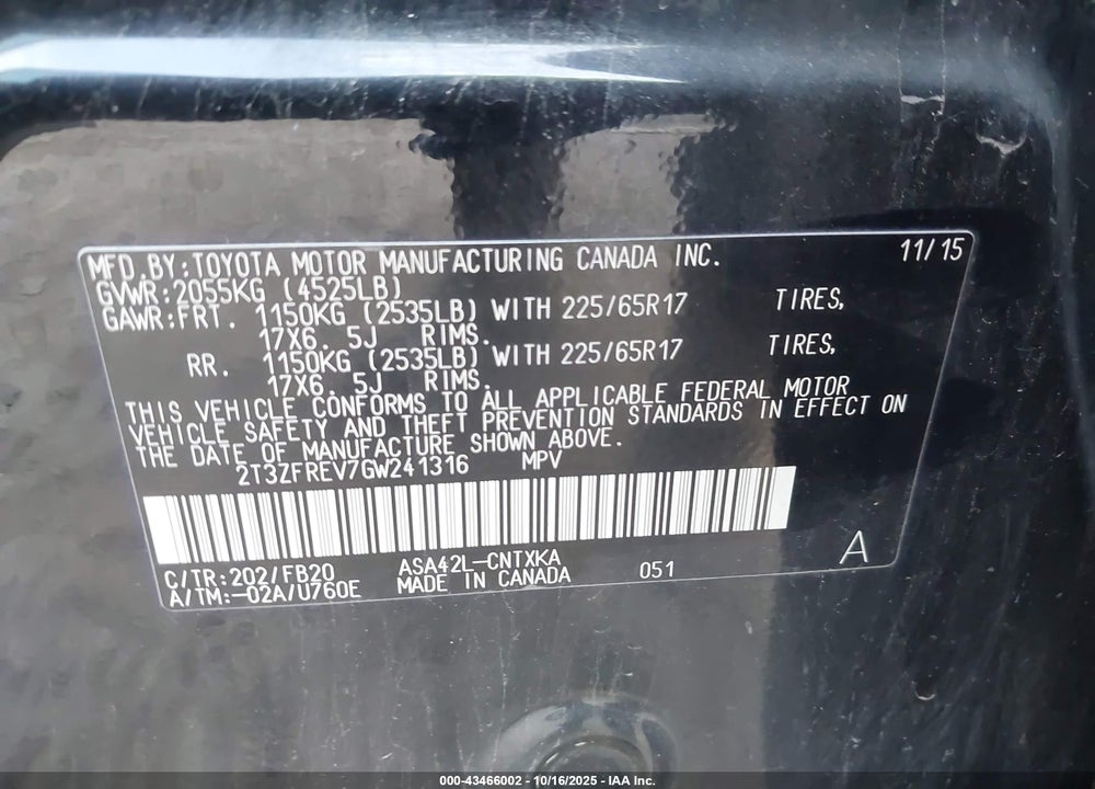 2016 TOYOTA RAV4 LE VIN: 2T3ZFREV7GW241316