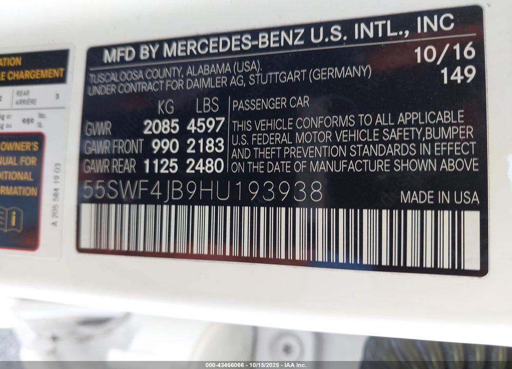 2017 MERCEDES-BENZ C 300 SPORT VIN: 55SWF4JB9HU193938