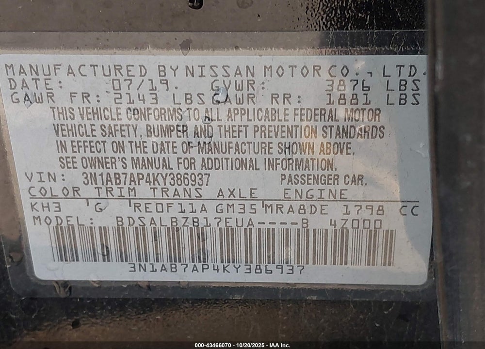 2019 NISSAN SENTRA VIN: 3N1AB7AP4KY386937