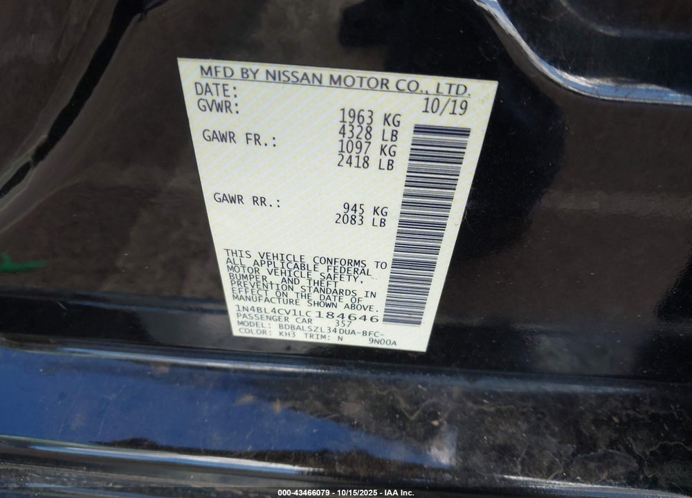 2020 NISSAN ALTIMA SR FWD VIN: 1N4BL4CV1LC184646