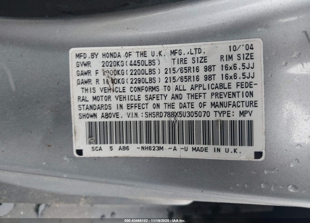 2005 HONDA CR-V EX VIN: SHSRD788X5U305070