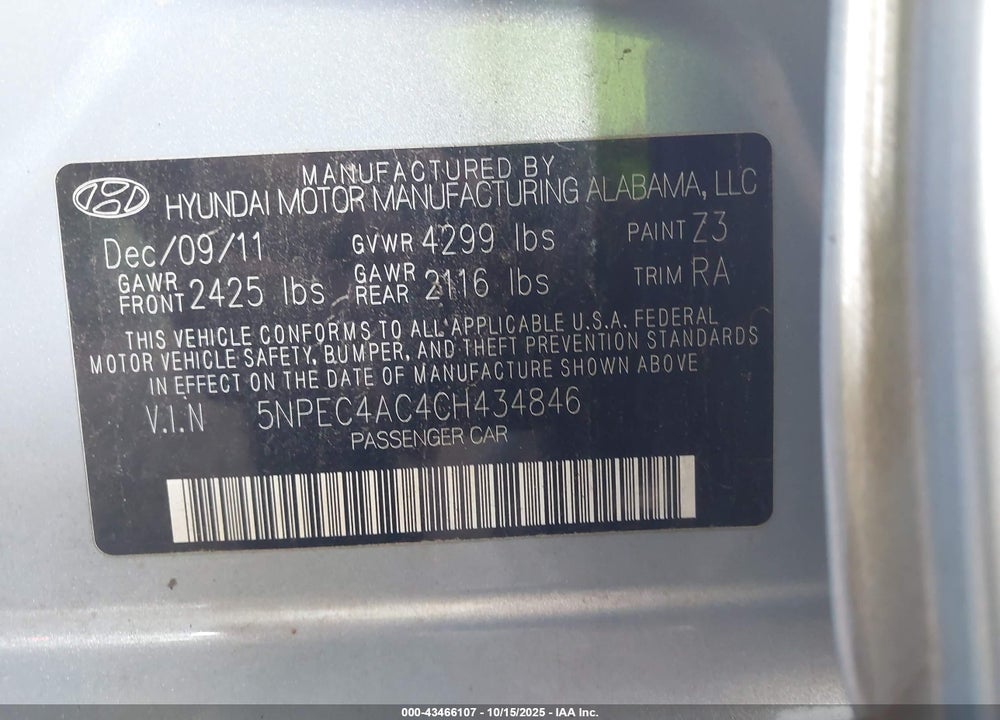2012 HYUNDAI SONATA LIMITED VIN: 5NPEC4AC4CH434846
