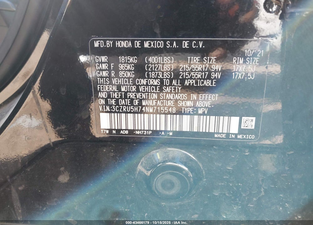 2022 HONDA HR-V 2WD EX-L VIN: 3CZRU5H74NM715548