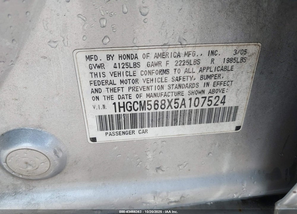 2005 HONDA ACCORD 2.4 EX VIN: 1HGCM568X5A107524
