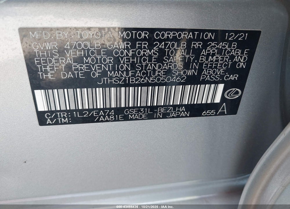 2022 LEXUS IS 350 F-SPORT VIN: JTHSZ1B26N5050462