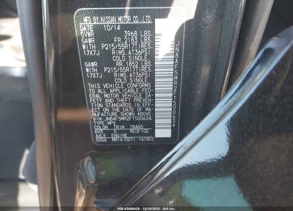 2015 NISSAN JUKE VIN: JN8AF5MR2FT500634
