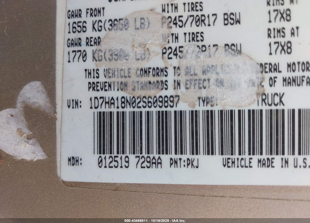 2002 DODGE RAM 1500 ST VIN: 1D7HA18N02S609897