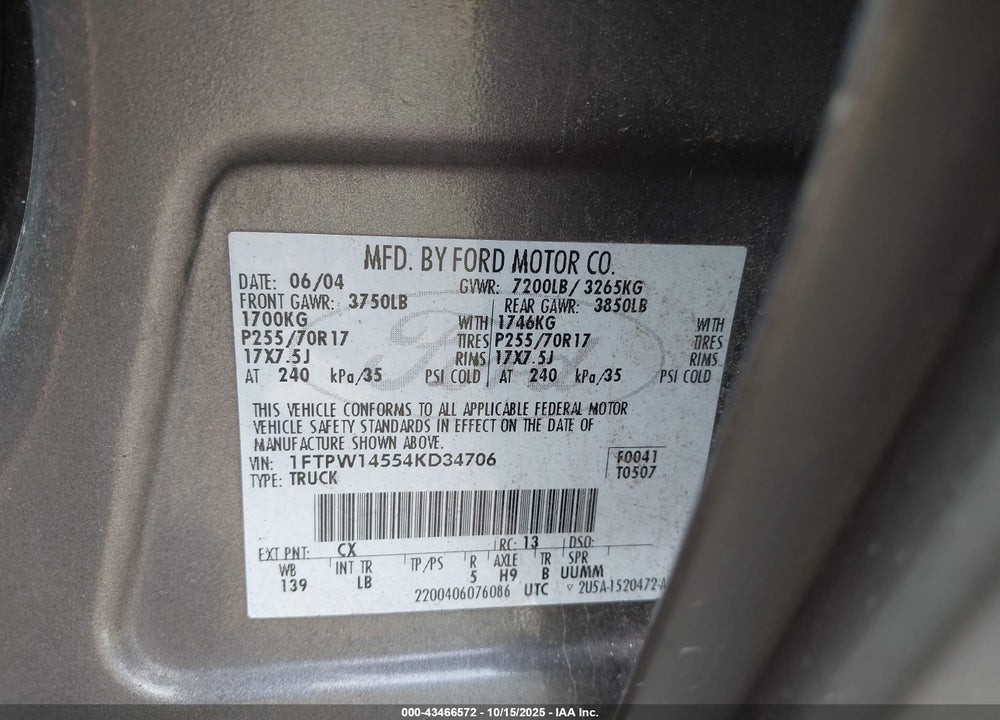 2004 FORD F-150 FX4/LARIAT/XLT VIN: 1FTPW14554KD34706