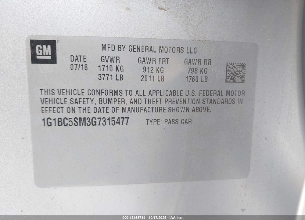 2016 CHEVROLET CRUZE LS AUTO VIN: 1G1BC5SM3G7315477