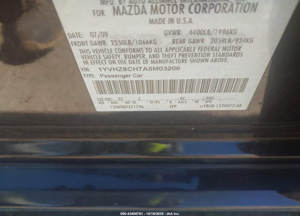 2010 MAZDA 6 I TOURING VIN: 1YVHZ8CH7A5M03206