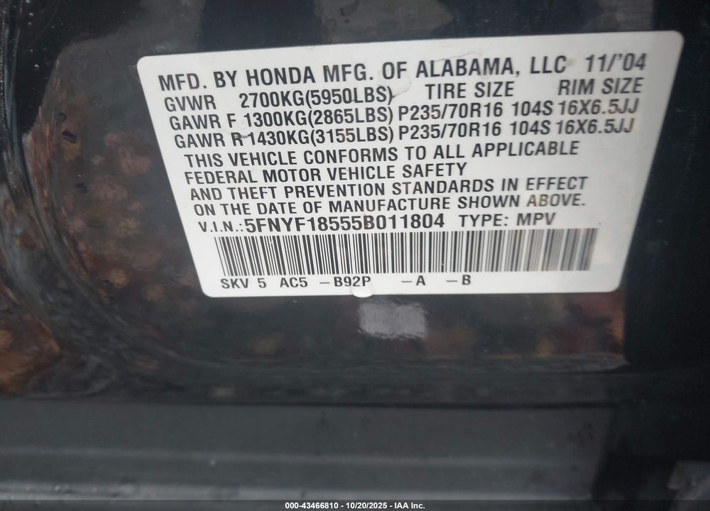 2005 HONDA PILOT EX-L VIN: 5FNYF18555B011804