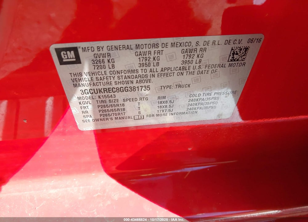 2016 CHEVROLET SILVERADO 1500 1LT VIN: 3GCUKREC8GG381735