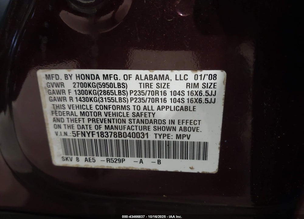 2008 HONDA PILOT VIN: 5FNYF18378B040031