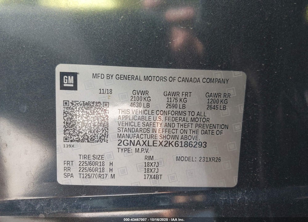2019 CHEVROLET EQUINOX VIN: 2GNAXLEX2K6186293