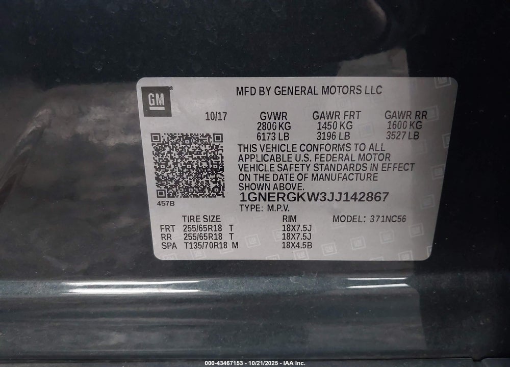 2018 CHEVROLET TRAVERSE 1LT VIN: 1GNERGKW3JJ142867