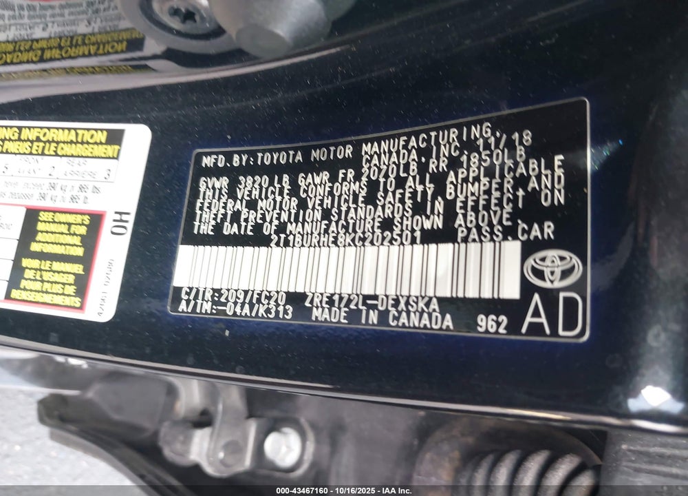 2019 TOYOTA COROLLA SE VIN: 2T1BURHE8KC202501
