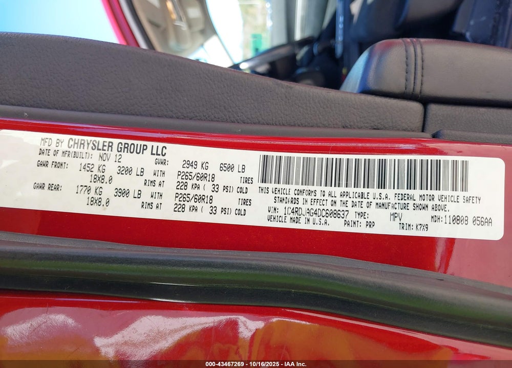 2013 DODGE DURANGO VIN: 1C4RDJAG4DC608637