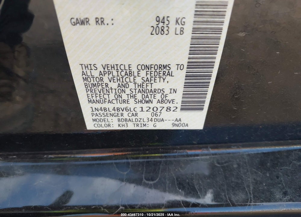 2020 NISSAN ALTIMA VIN: 1N4BL4BV6LC120782