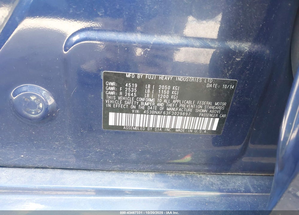 2015 SUBARU LEGACY VIN: 4S3BNAF63F3029897