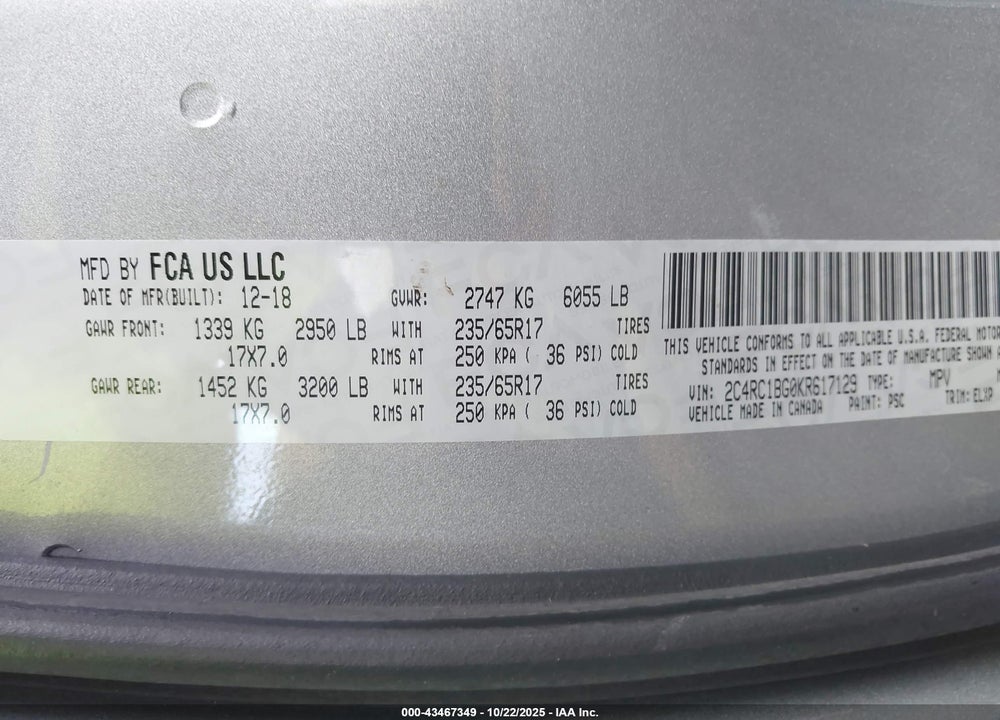 2019 CHRYSLER PACIFICA TOURING L VIN: 2C4RC1BG0KR617129